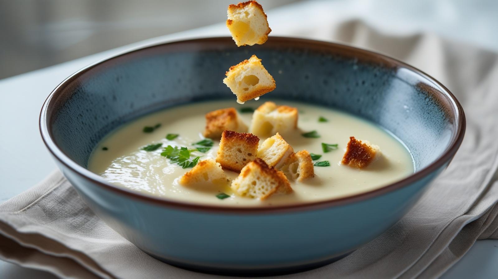 Porowo-ziemniaczana zupa krem podana w miseczce, udekorowana chrupiącymi grzankami i ziołami.