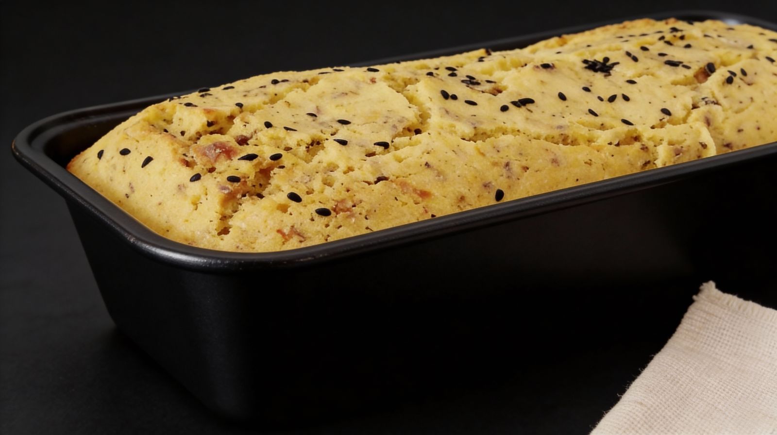 Chlebek kukurydziany upieczony w keksówce, posypany czarnuszką.