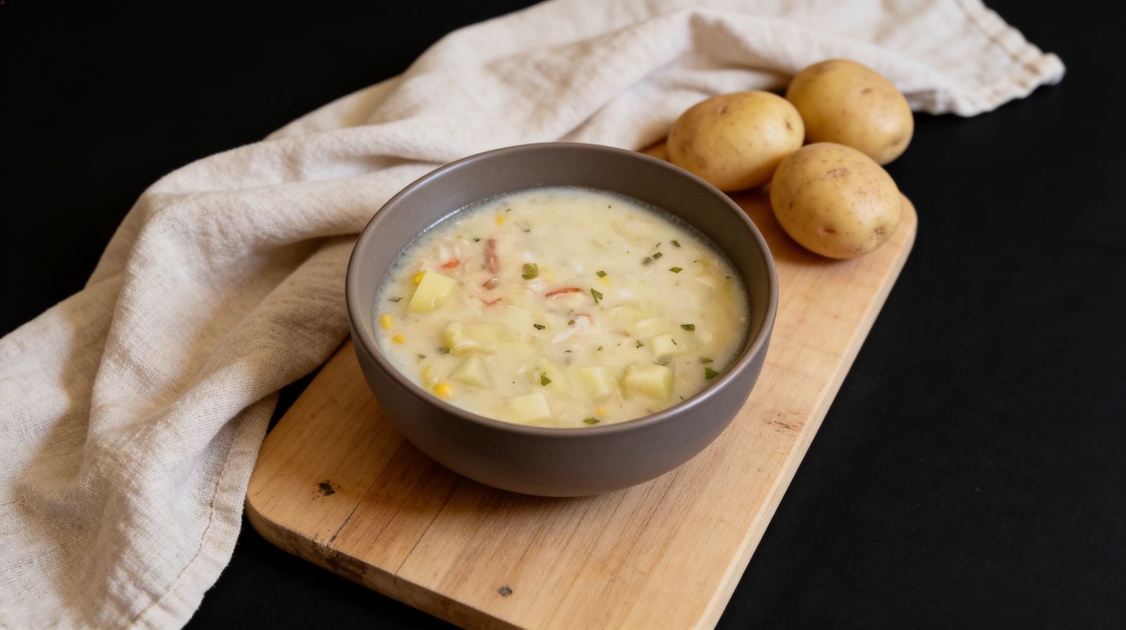 Kremowy chowder z wędzonym łososiem i kukurydzą z kawałkami ziemniaków, podany w szarej misce na drewnianej desce.