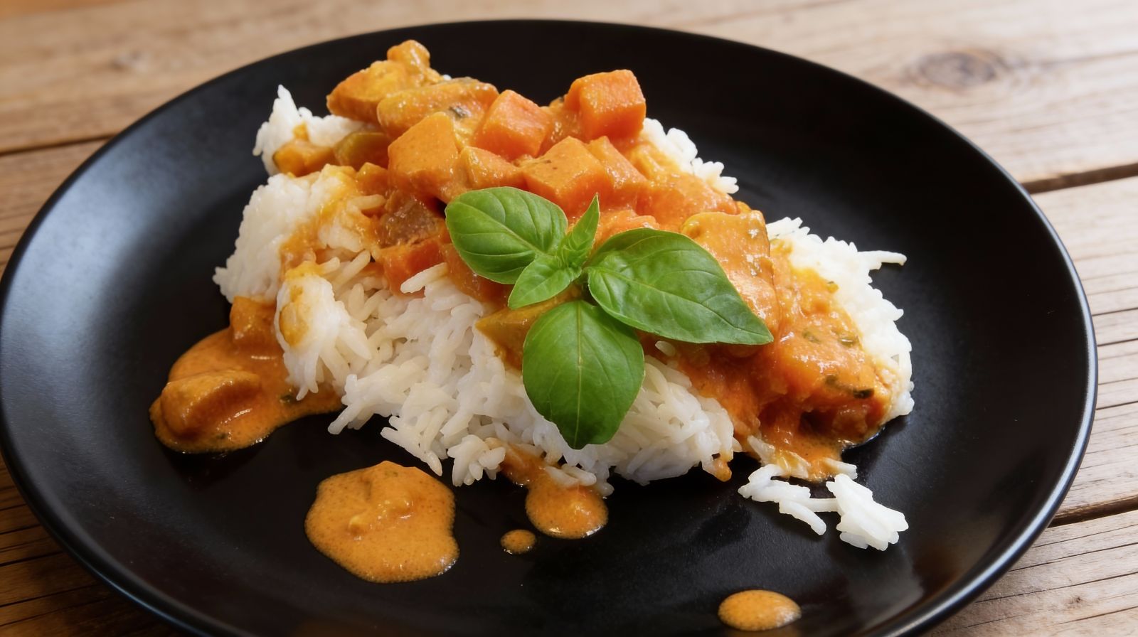 Curry z kurczakiem, batatami i bakłażanem, podane na talerzu z ryżem, udekorowane świeżą bazylią.