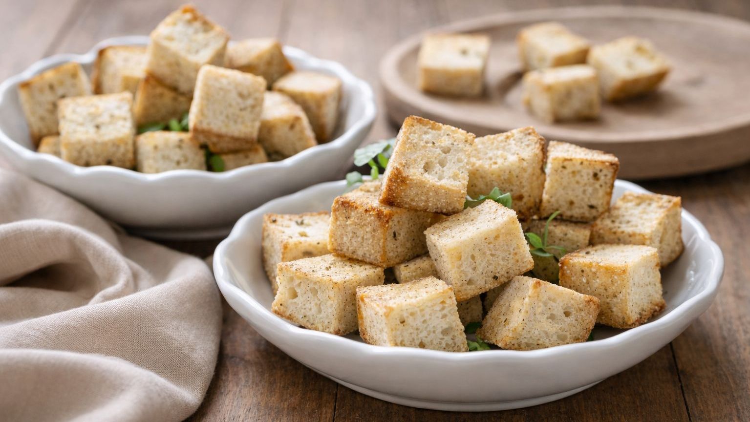 Chrupiące, domowe grzanki – złociste i aromatyczne kostki pieczywa, idealne jako dodatek do zup i sałatek.