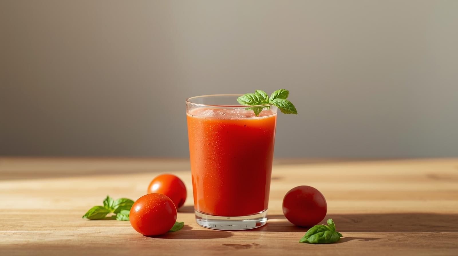 Szklanka domowego soku pomidorowego udekorowana listkiem bazylii – naturalna kompozycja na drewnianym blacie.