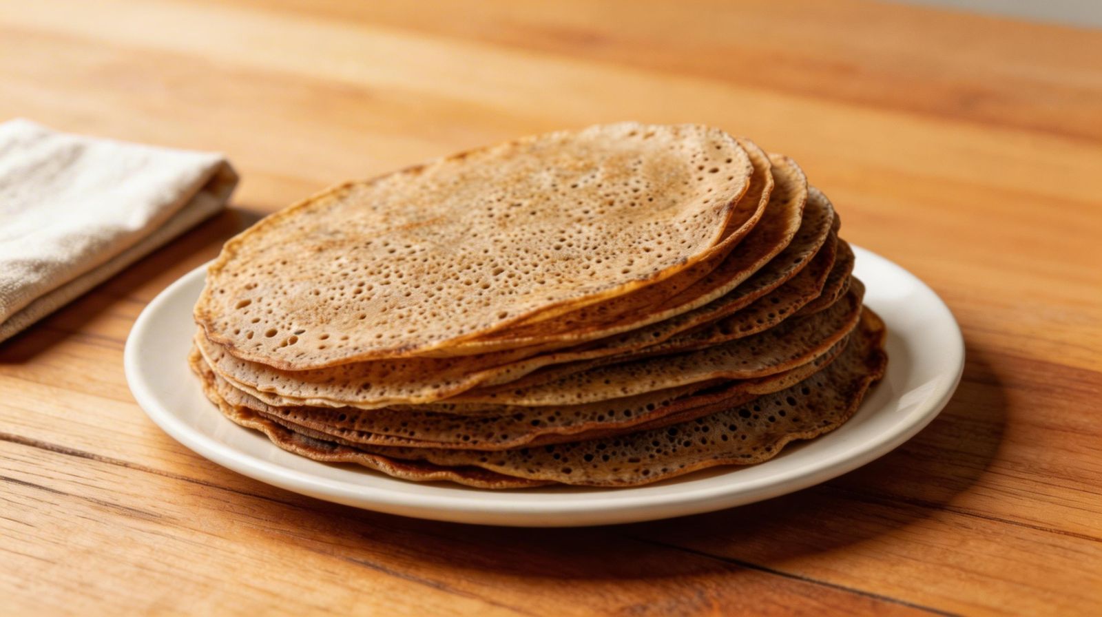 Galettes bretonnes czyli bretońskie naleśniki z mąki gryczanej ułożone w stos na białym talerzu.