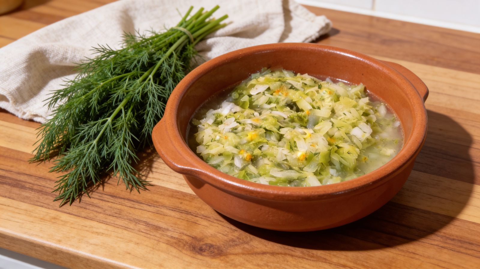 Kapusta zasmażana z boczkiem w glinianym naczyniu, z koperkiem, podana na drewnianym blacie kuchennym.