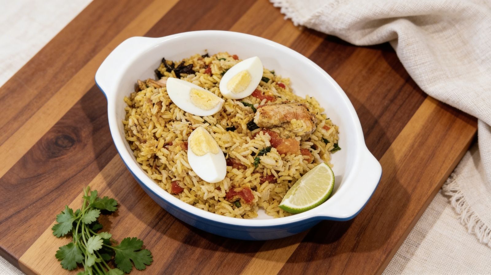 Kedgeree z wędzoną rybą, ryżem basmati i jajkiem na twardo, podane z limonką i natką pietruszki.
