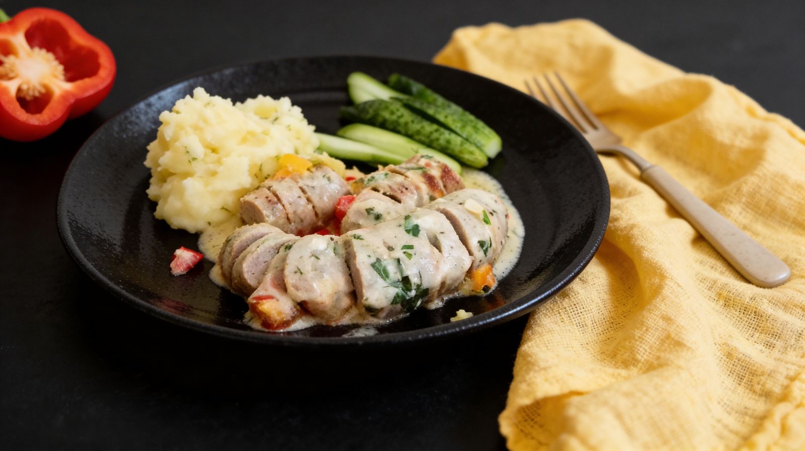 Kiełbasa pieczona w sosie chrzanowym z ziemniaczanym purée i świeżym ogórkiem na czarnym talerzu.