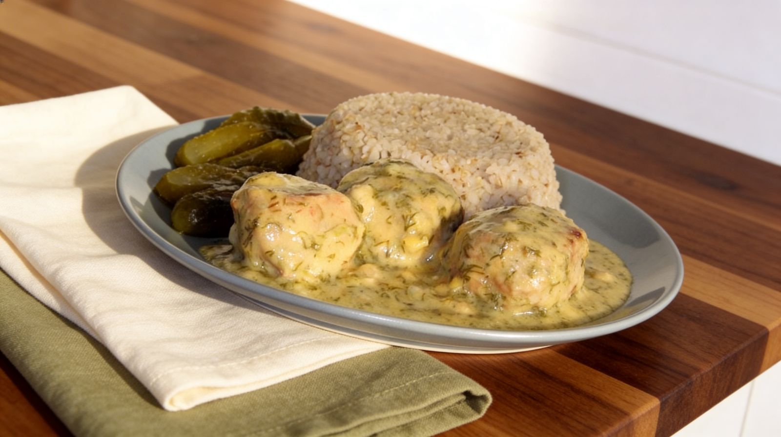 Klopsiki w sosie koperkowym z ryżem i ogórkami kiszonymi na talerzu, domowy obiad.