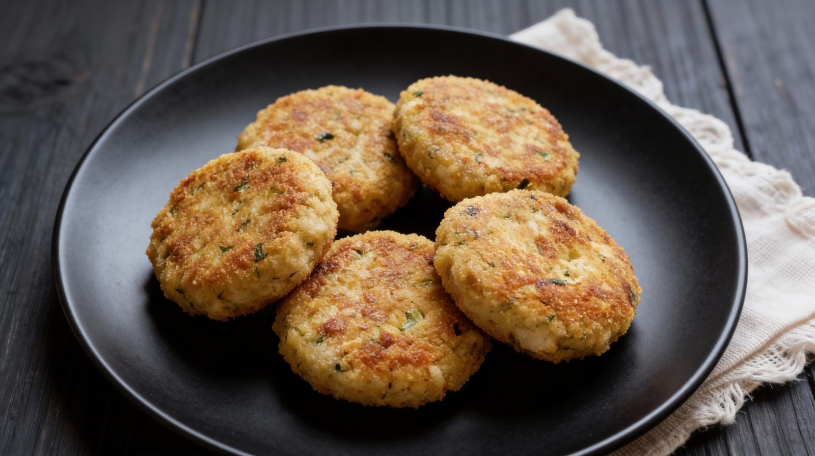 Kotlety jajeczne z kaszą jaglaną w chrupiącej panierce, podane na czarnym talerzu.