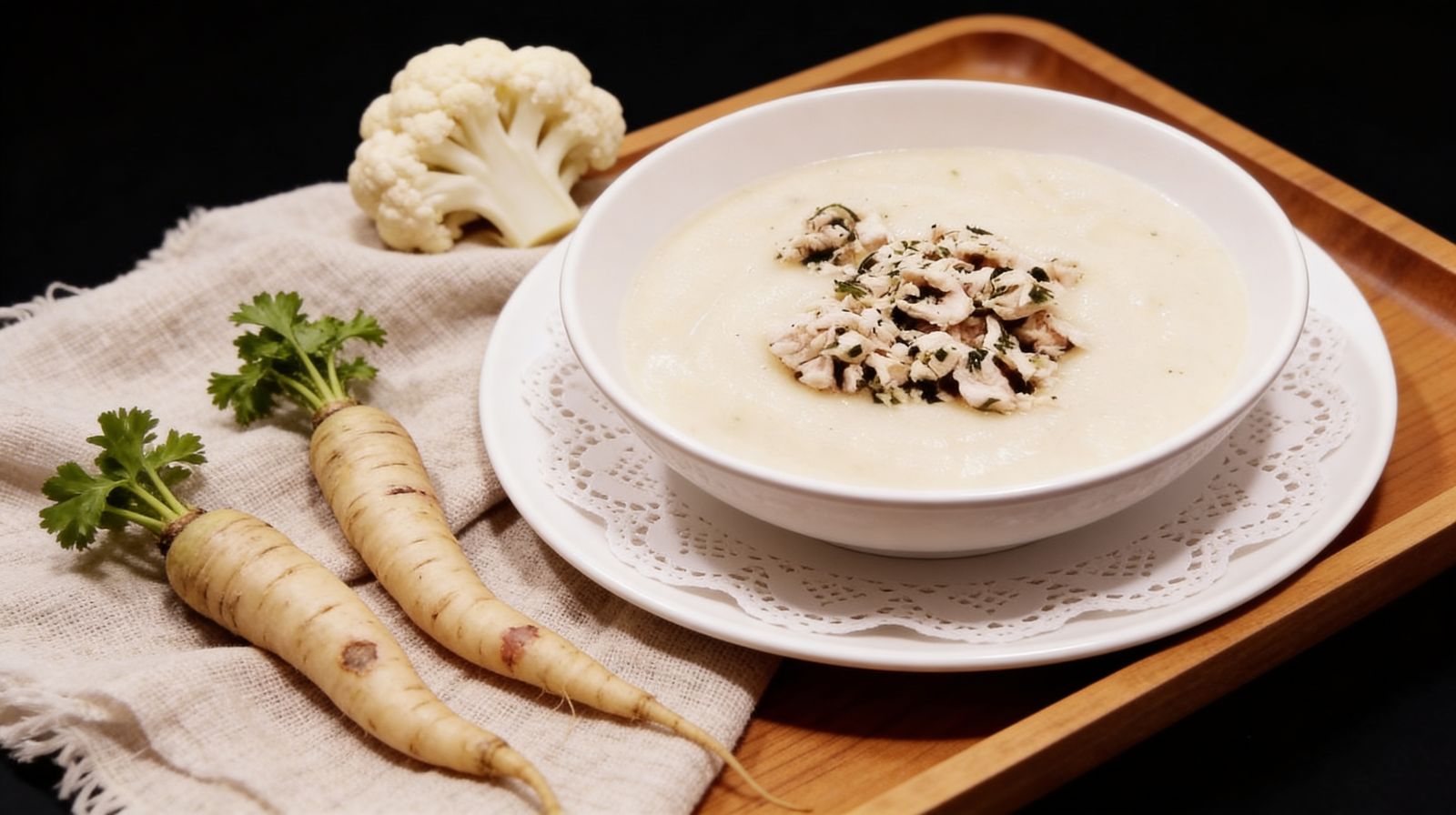 Krem z białych warzyw z indykiem podany w białej misce, udekorowany salsą z drobno posiekanego indyka i natki pietruszki; obok pietruszka korzeniowa i kalafior na drewnianej tacy.