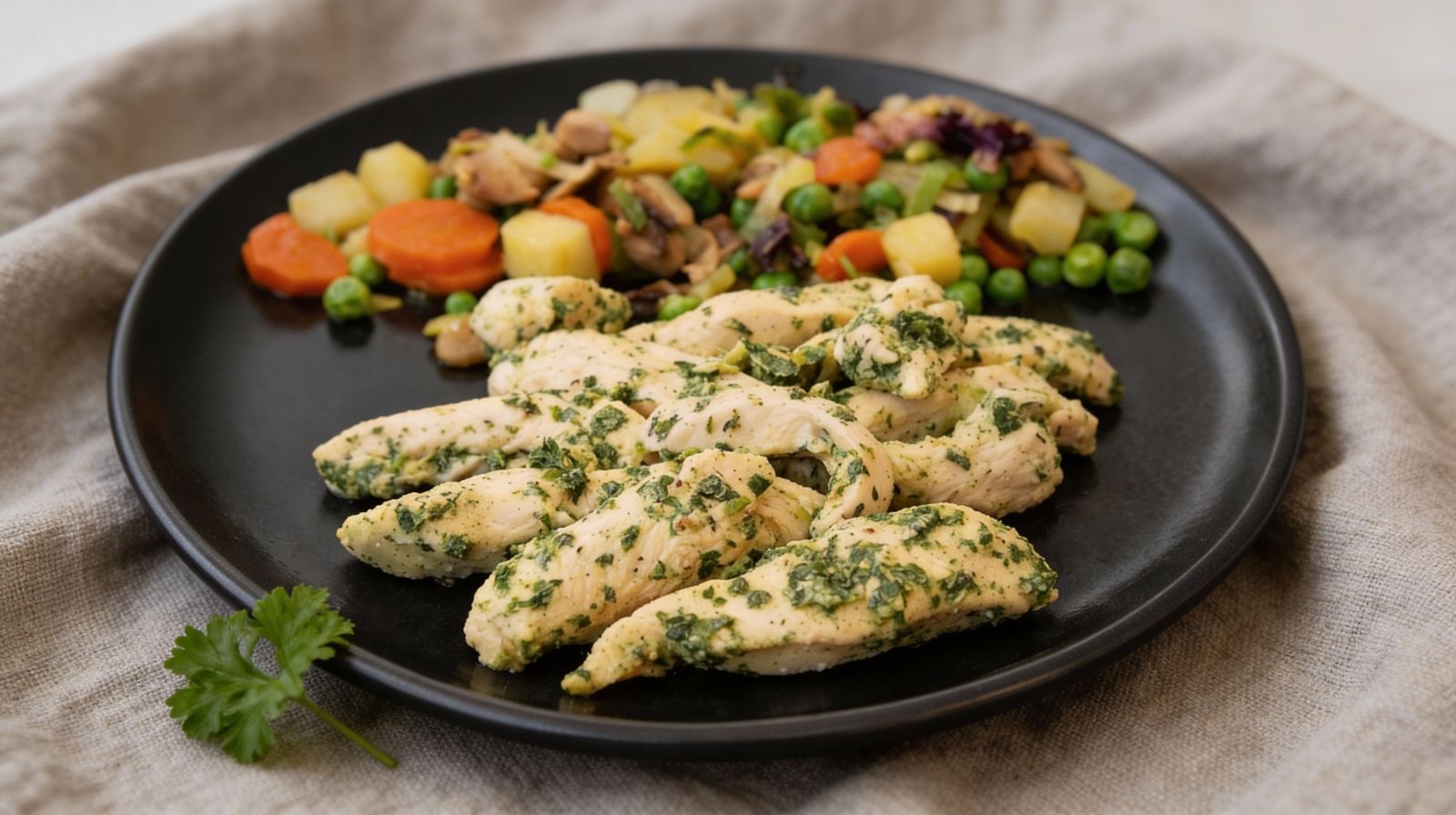 Filety z kurczaka w cytrynowo-ziołowej marynacie podane na czarnym talerzu z warzywami – ziemniakami, marchewką, groszkiem i pieczarkami.
