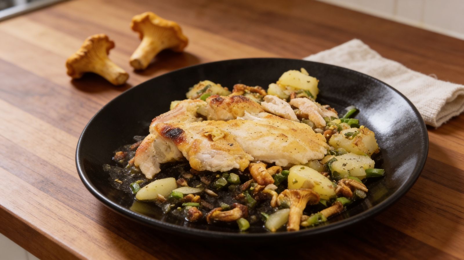 Kurczak z kurkami na czarnym talerzu z pieczonymi ziemniakami, dymką i prażonym słonecznikiem.