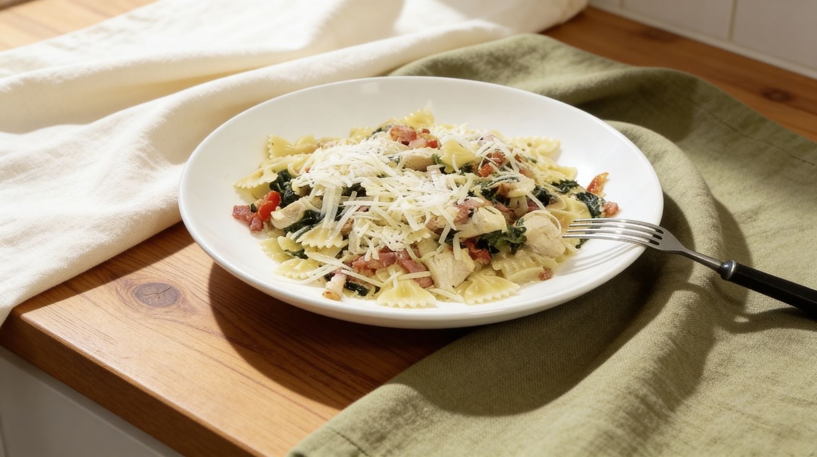 Kurczak z makaronem w sosie śmietanowo-czosnkowym z boczkiem, szpinakiem i serem grana padano na białym talerzu.