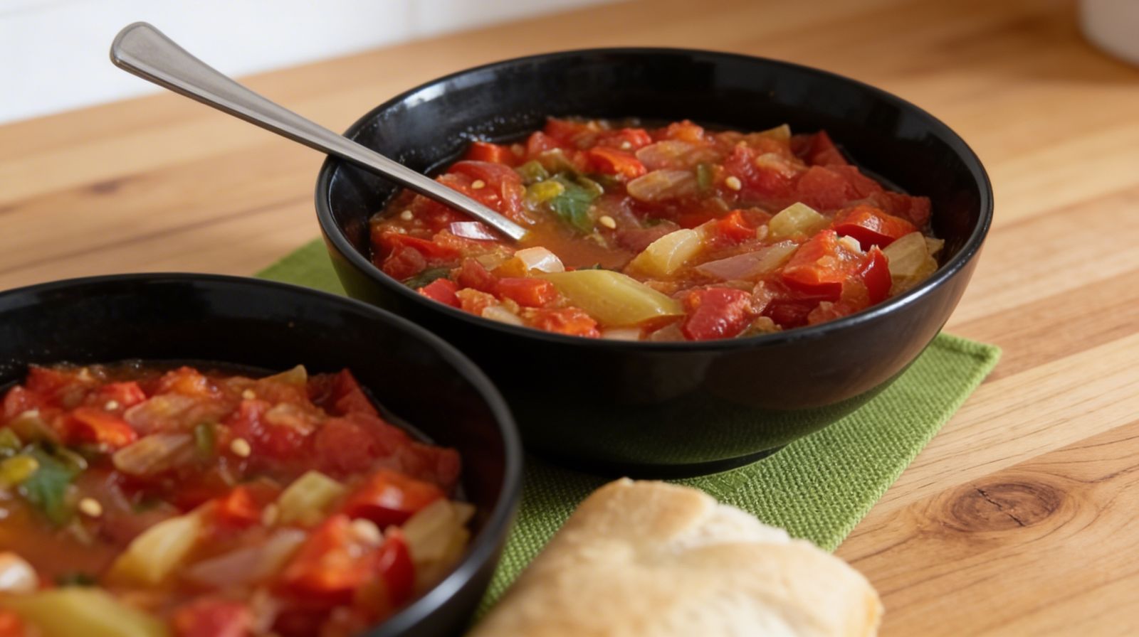 Leczo w polskiej wersji z cukinią, papryką i pomidorami podane w czarnej misce na drewnianym blacie, z pieczywem.
