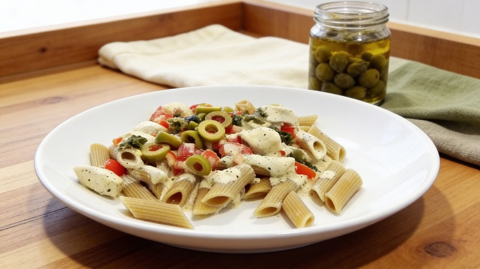 Makaron z kurczakiem w sosie mascarpone z oliwkami i kaparami na białym talerzu.