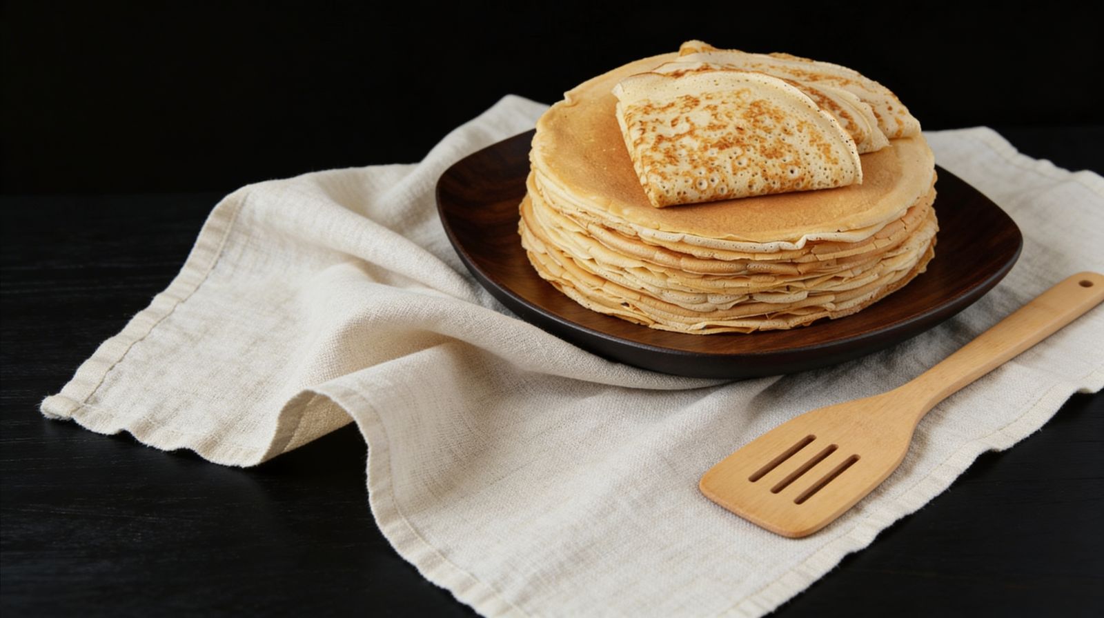Cienkie, złociste naleśniki ułożone w wysoki stos na brązowym talerzu; na wierzchu złożony na pół placek, obok drewniana łopatka na jasnej lnianej ściereczce, na ciemnym tle.