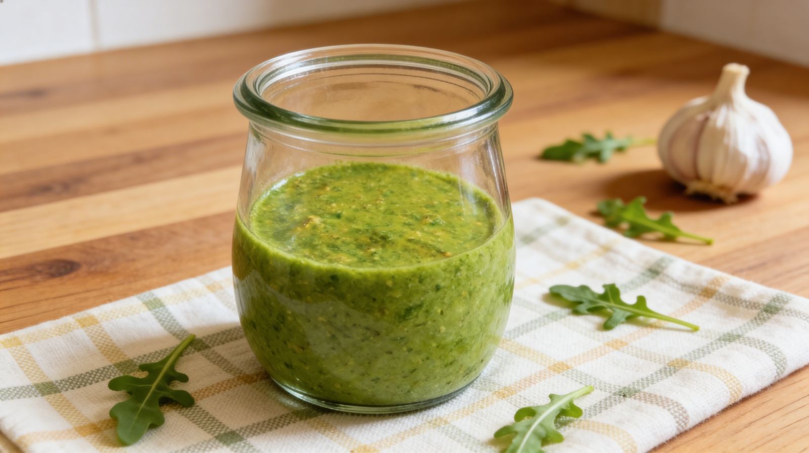 Pesto z rukoli w słoiczku z czosnkiem i świeżą rukolą na drewnianym blacie – domowy sos do makaronu.