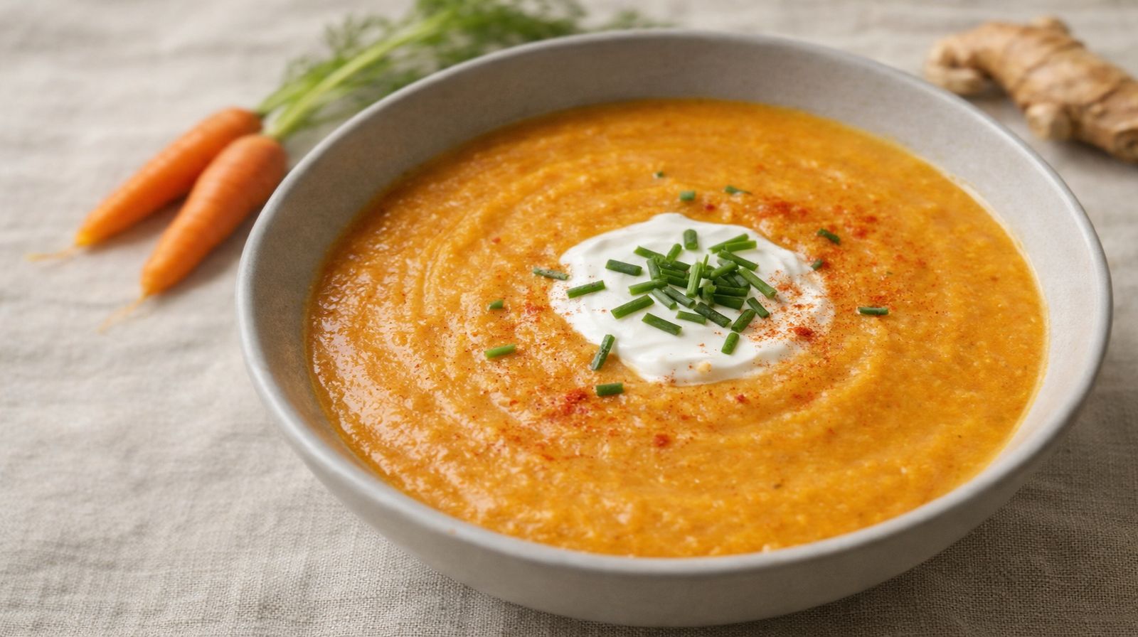 Kremowa zupa marchewkowa podana w jasnej, prostej miseczce, udekorowana kleksem jogurtu i drobno posiekanym szczypiorkiem, sfotografowana w naturalnym świetle dziennym na lnianym obrusie – pikantny krem marchewkowy w zbliżeniu.