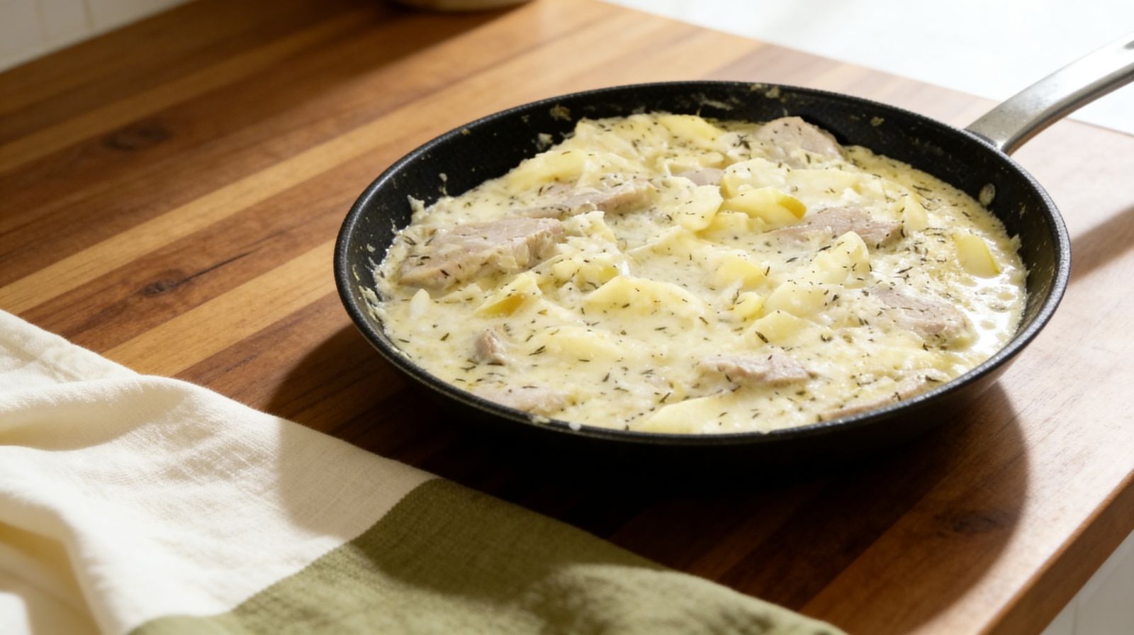 Polędwiczki wieprzowe z jabłkami w sosie śmietankowym z cydrem i tymiankiem na patelni.