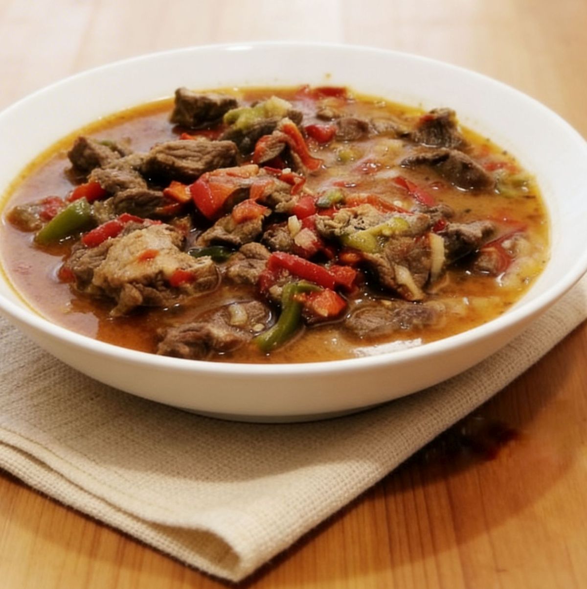 Prawdziwy gulasz węgierski pörkölt z wołowiny z czerwoną i zieloną papryką na talerzu.