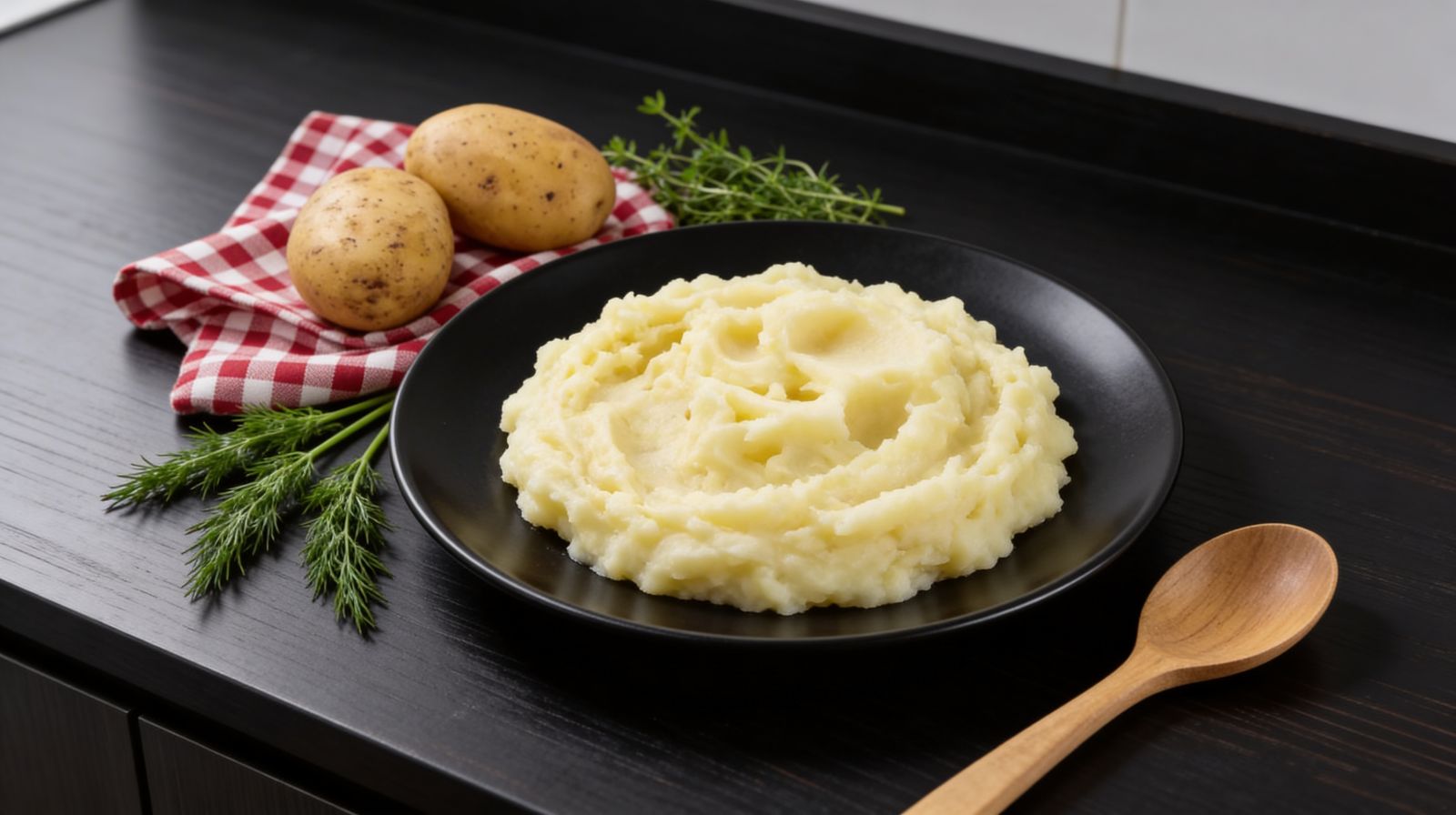 Puszyste purée ziemniaczane na czarnym talerzu, obok surowe ziemniaki, koperek i drewniana łyżka na ciemnym blacie kuchennym.