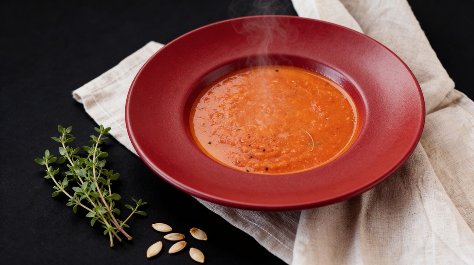 Rozgrzewająca zupa pomidorowa krem podana w czerwonym talerzu, z parą unoszącą się nad powierzchnią i świeżymi ziołami obok.