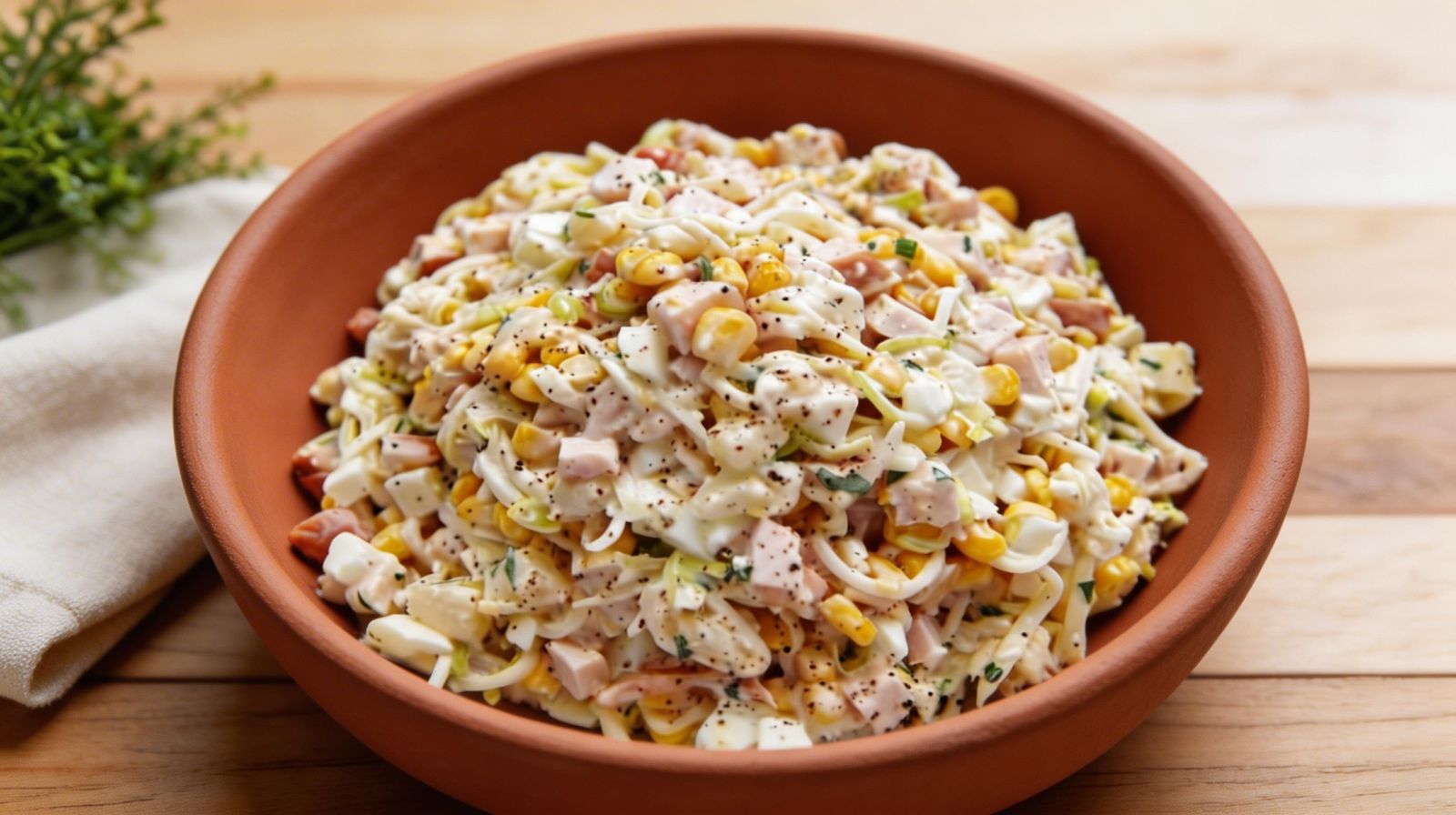 Sałatka z selera konserwowego i wędzonego kurczaka z kukurydzą i papryką w misce – szybka sałatka imprezowa.