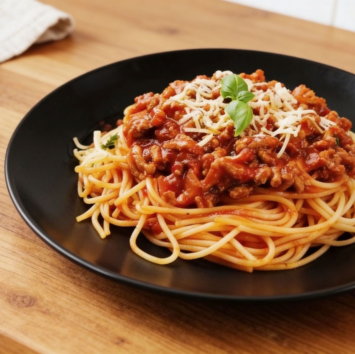 Spaghetti bolognese przepis – makaron spaghetti z gęstym sosem bolońskim, startym parmezanem i świeżą bazylią.