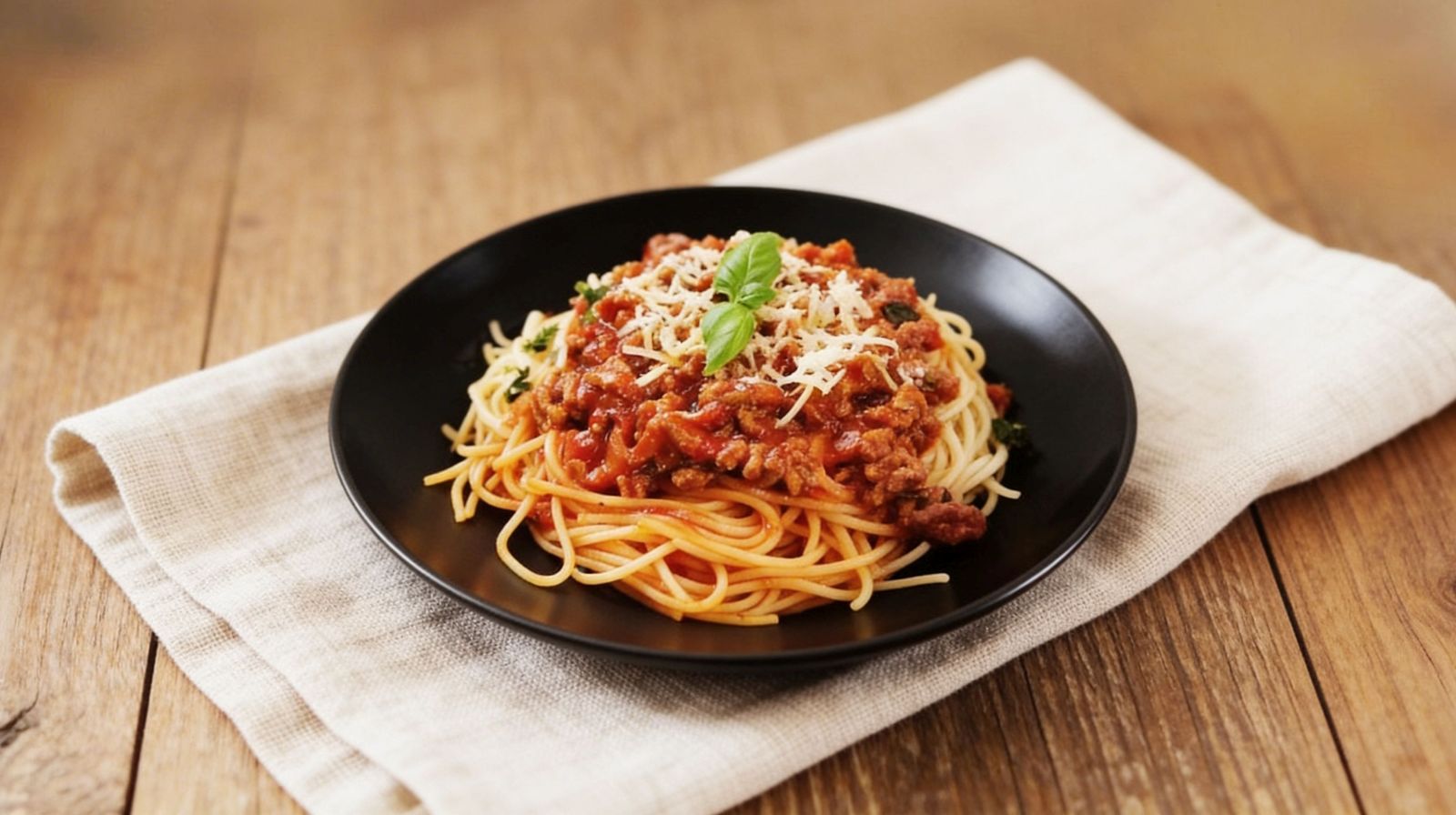 Spaghetti bolognese z mięsnym sosem pomidorowym, startym parmezanem i świeżą bazylią na czarnym talerzu.