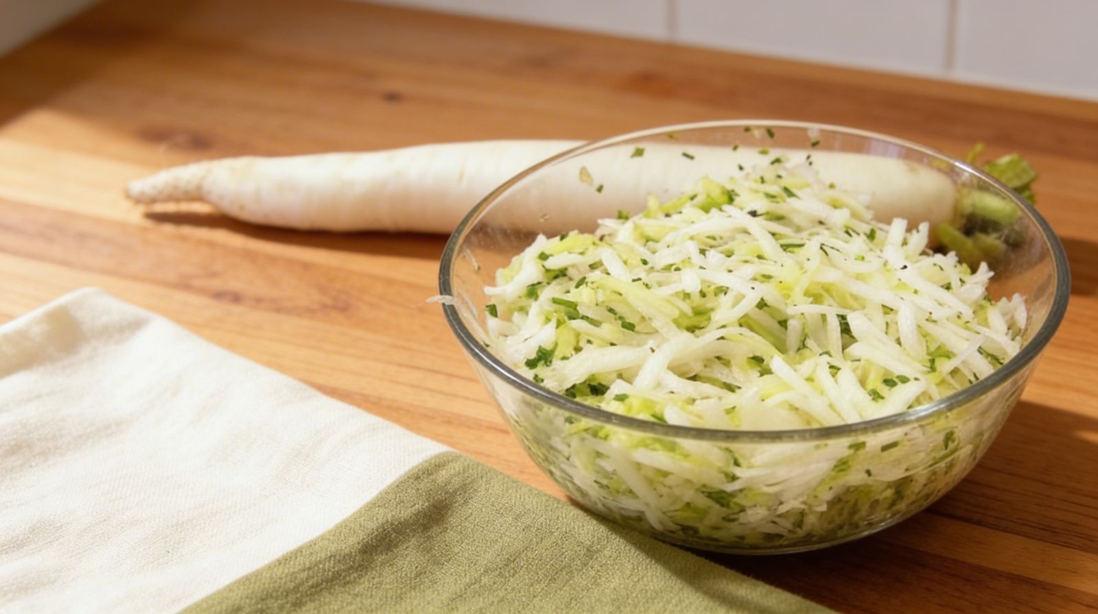Surówka z białej rzodkwi z ogórkami w szklanej misce na drewnianym blacie – lekka, domowa sałatka z dodatkiem szczypiorku.