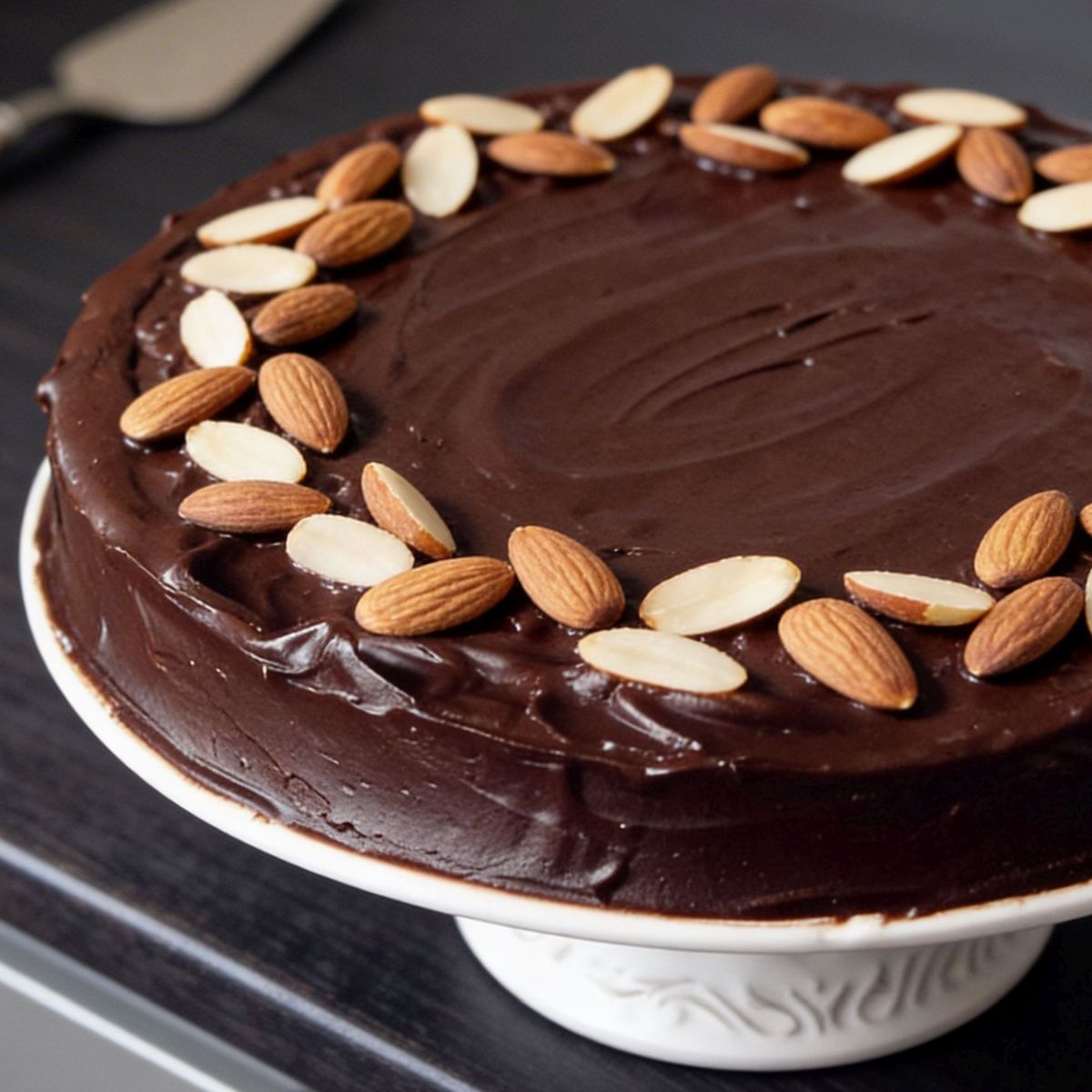 Torcik czekoladowo - migdałowy z gładką polewą z gorzkiej czekolady i dekoracją z całych oraz przekrojonych migdałów.