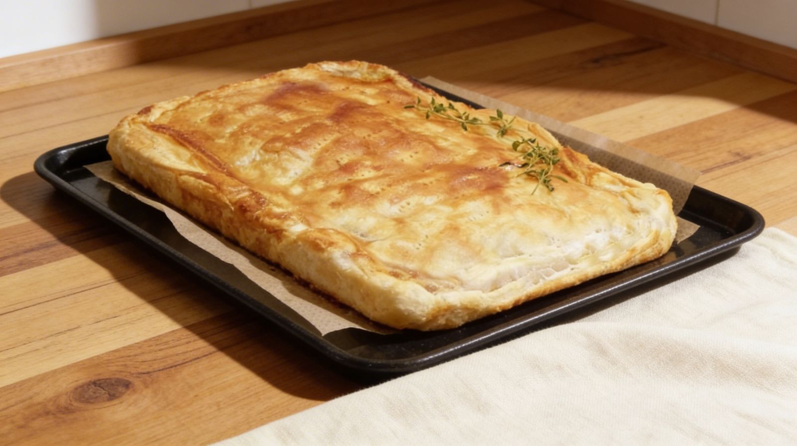 Tourte z kurczakiem, porem i tymiankiem na blasze, złociste ciasto francuskie po upieczeniu.