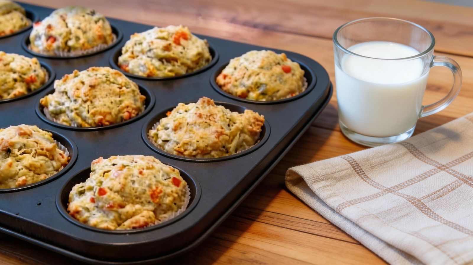 Wytrawne muffinki z oliwkami i papryką pieczone w formie do muffinek, puszyste słone ciasto z fetą i suszonymi pomidorami jako alternatywa dla pieczywa.