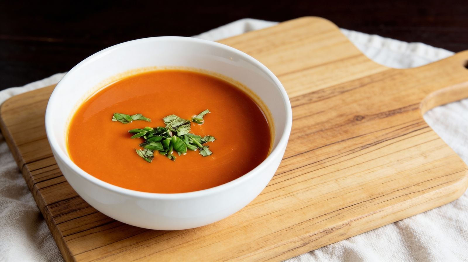 Zapiekana zupa pomidorowa w misce, przygotowana ze świeżych pomidorów, podana z bazylią.