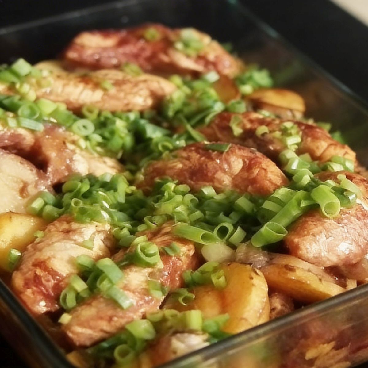 Zbliżenie na zapiekane ziemniaki z pieczarkami i kurczakiem w naczyniu żaroodpornym, zrumienione mięso posypane świeżą cebulką dymką.