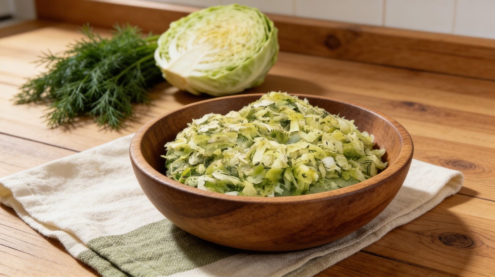 Zasmażana młoda kapusta z koperkiem w drewnianej misce, domowy przepis na klasyczny dodatek do obiadu.