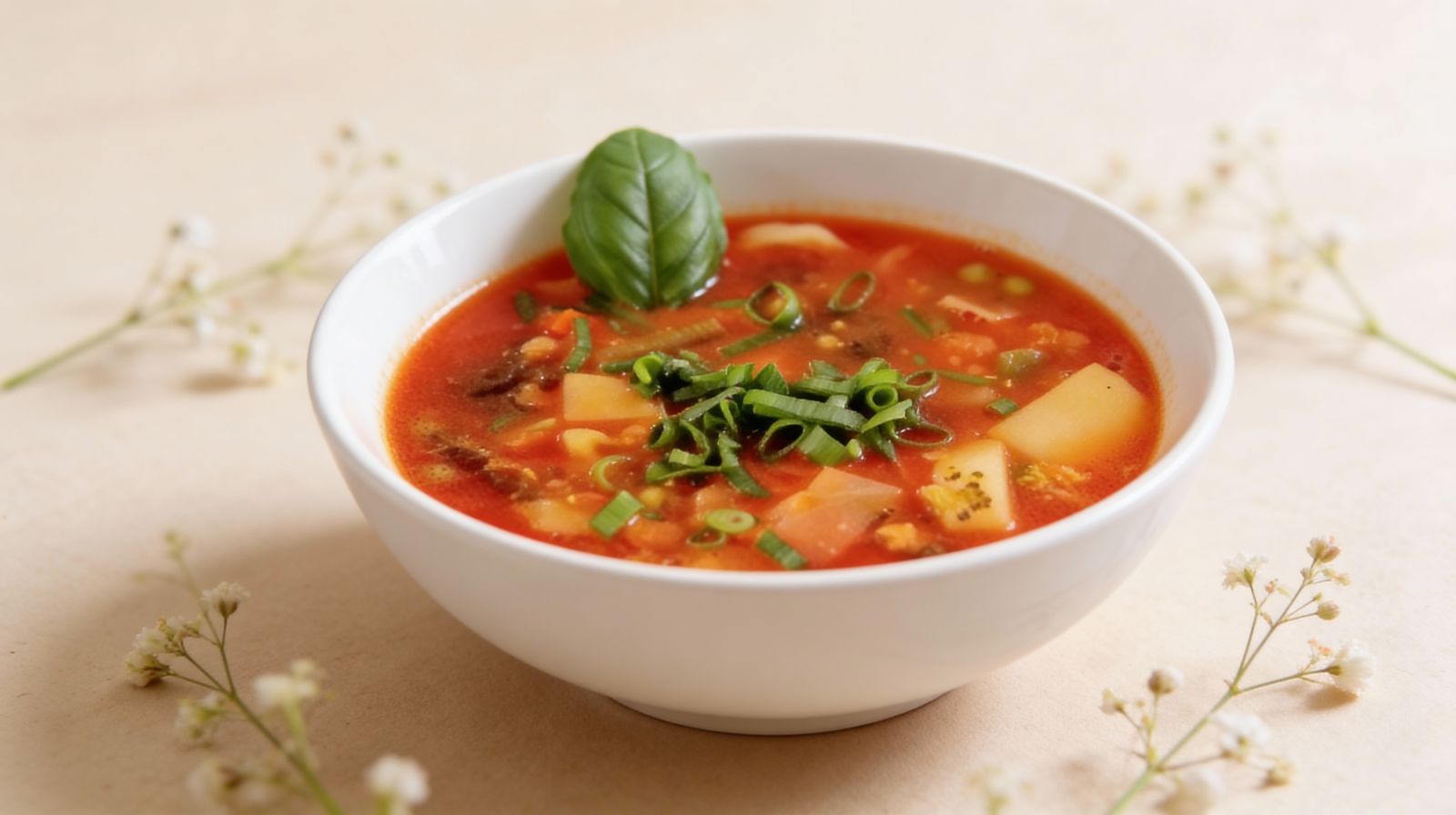 Zupa jarzynowa z soczewicą, warzywami i świeżą bazylią – domowe, wegetariańskie danie w białej miseczce.