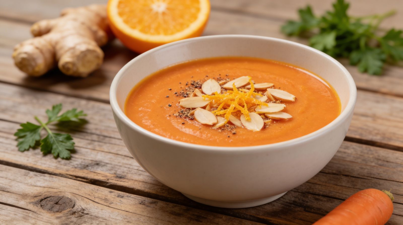Kremowa zupa marchewkowa z nutką pomarańczy, posypana płatkami migdałów i skórką pomarańczową, podana w białej misce stojącej na drewnianym stole.