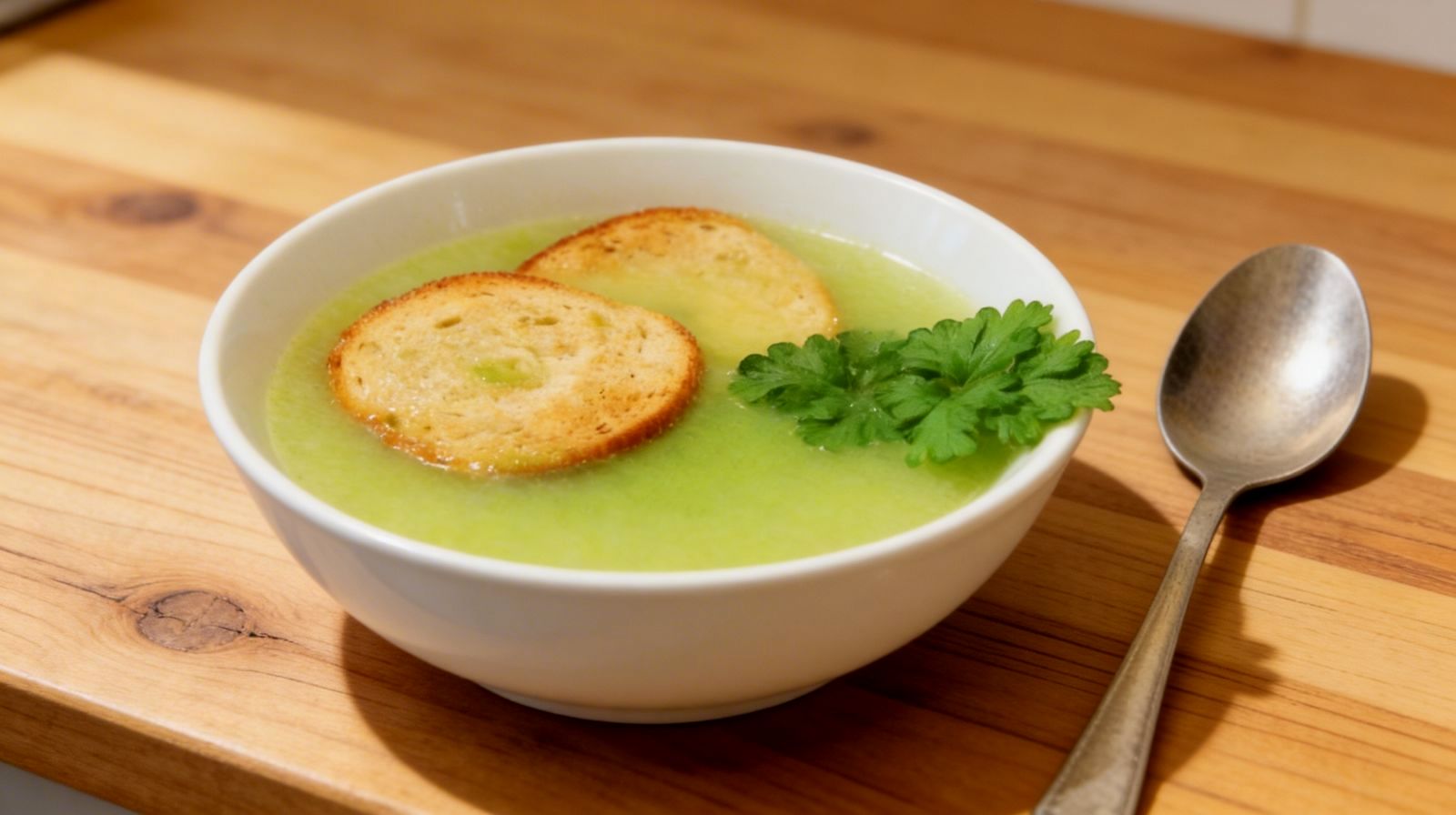 Zupa z zielonego groszku krem z grzankami i natką pietruszki w białej misce na drewnianym blacie.