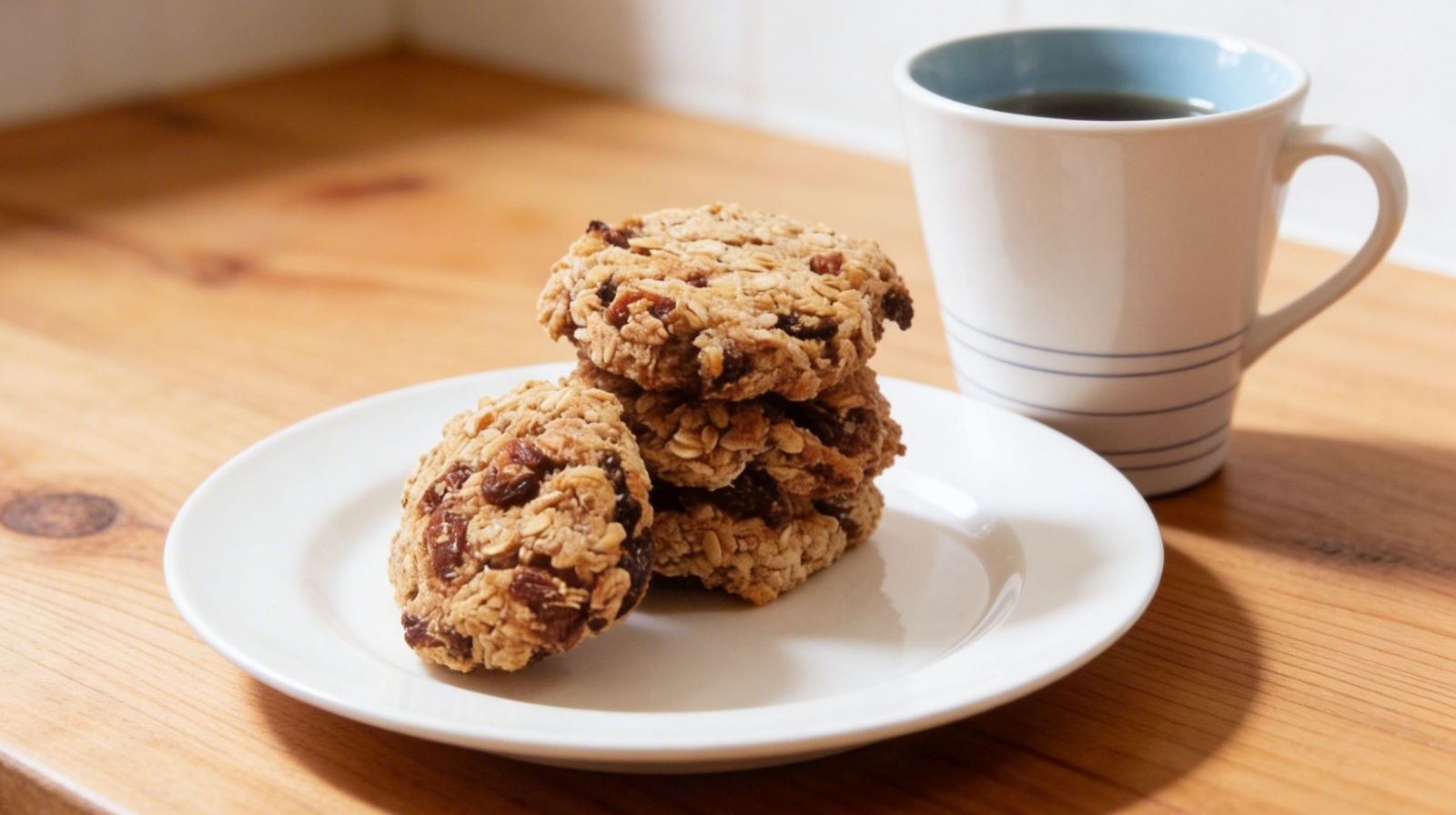 Bardzo zdrowe owsiane ciasteczka bez mąki i jajek z płatków owsianych, rodzynek i miodu na białym talerzu, domowe fit ciasteczka do herbaty.
