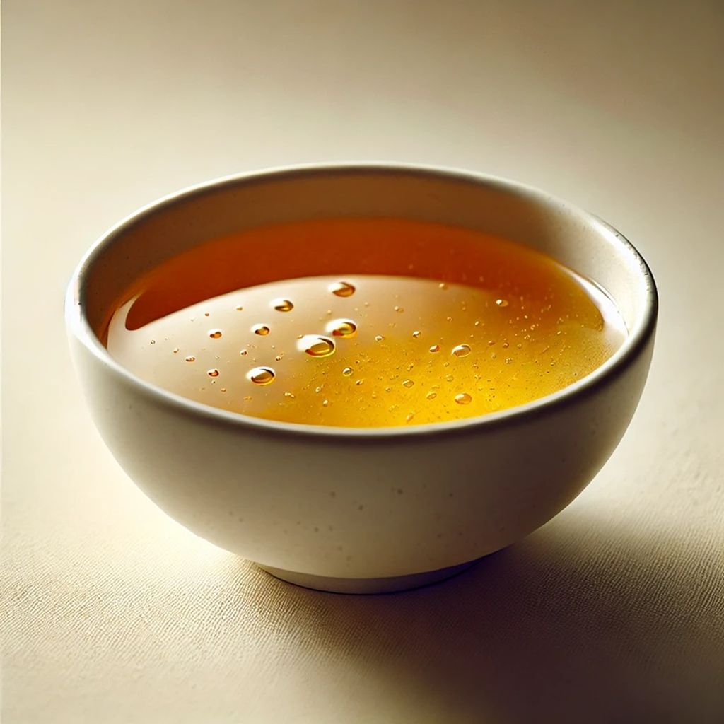 Złocisty bulion drobiowy w białej miseczce. Miseczka stoi na jasnym obrusie.