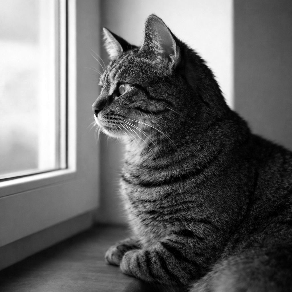 czarno-białe zdjęcie kota siedzącego przy oknie i patrzącego na zewnątrz – refleksja nad bucket list i sensem listy marzeń