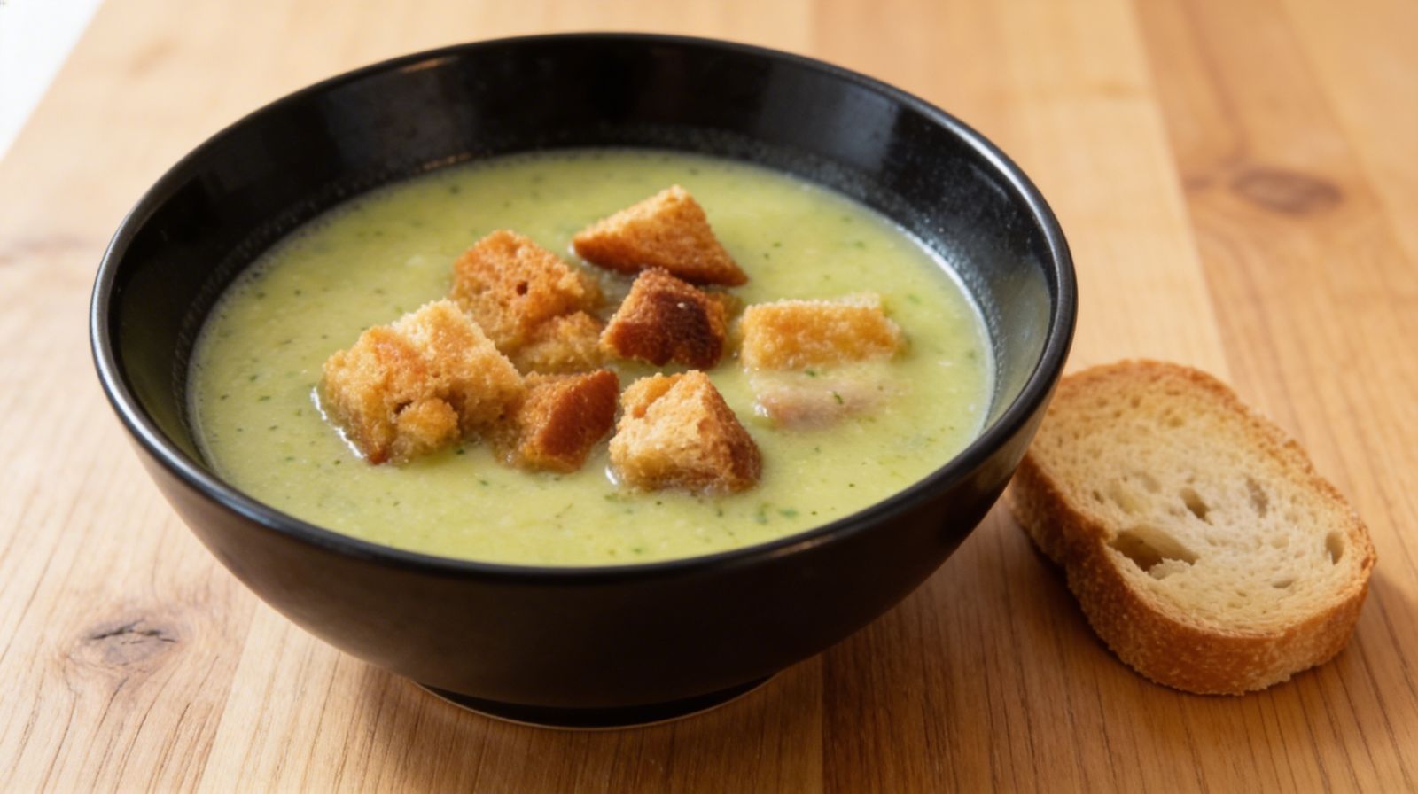 Cukiniowa zupa-krem z grzankami w czarnej misce na drewnianym blacie, lekka zielona zupa krem z cukinii z dodatkiem pieczywa.