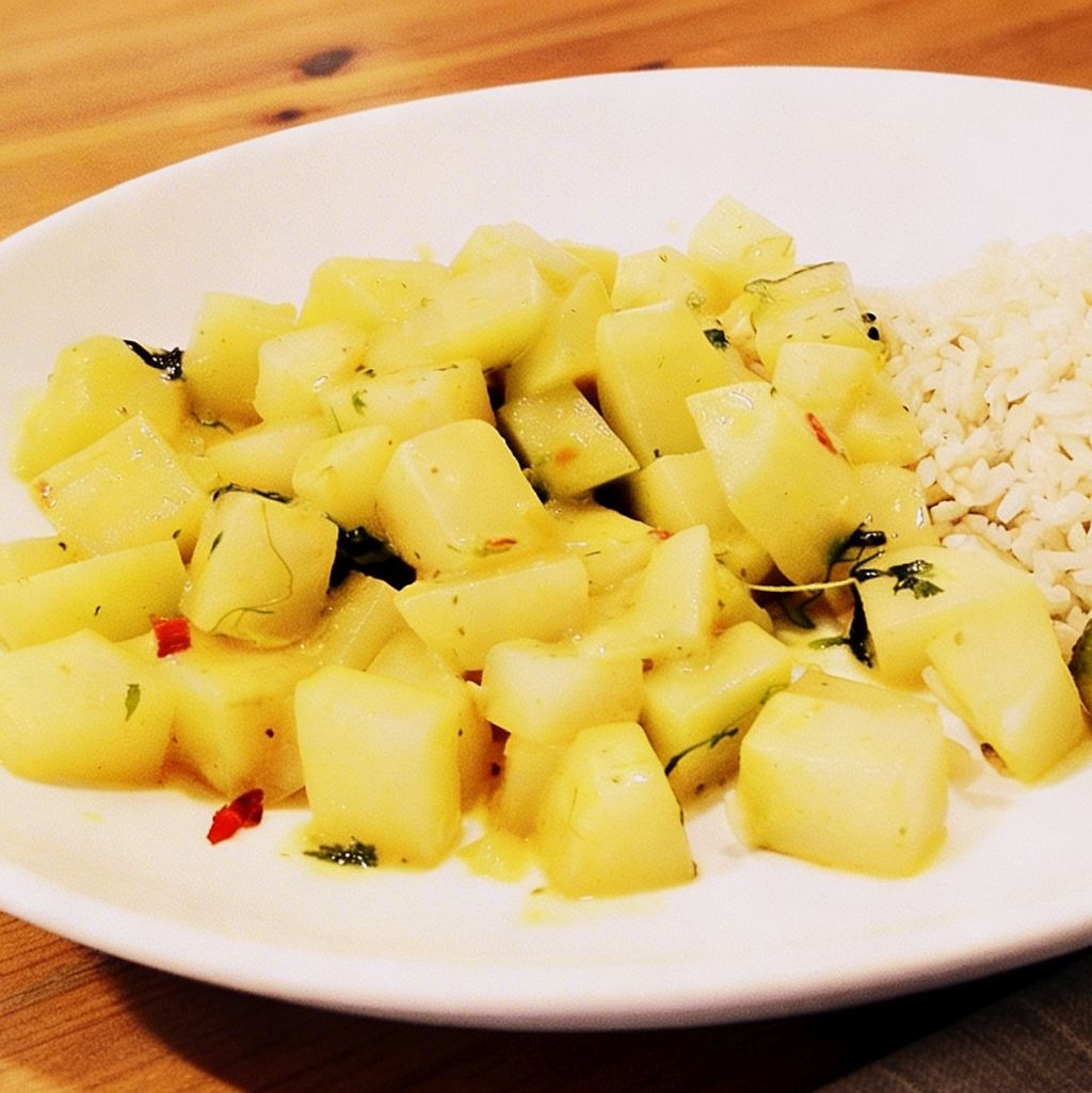 Curry z kalarepy z ryżem jaśminowym na talerzu – duszona kalarepa w kokosowym sosie.