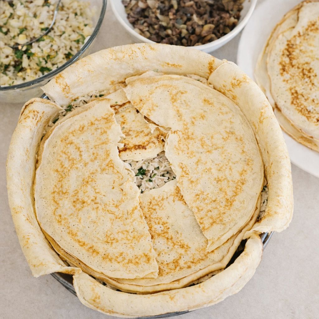 Układanie warstw w daniu à la rosyjski Kurnik – naleśniki przykrywające nadzienie z kurczaka, ryżu i pieczarek w tortownicy.