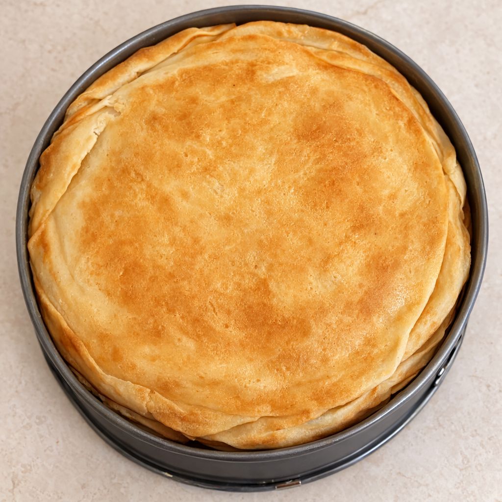 Upieczone danie à la rosyjski Kurnik w tortownicy – warstwowa zapiekanka z kurczakiem, ryżem i pieczarkami przykryta naleśnikami.