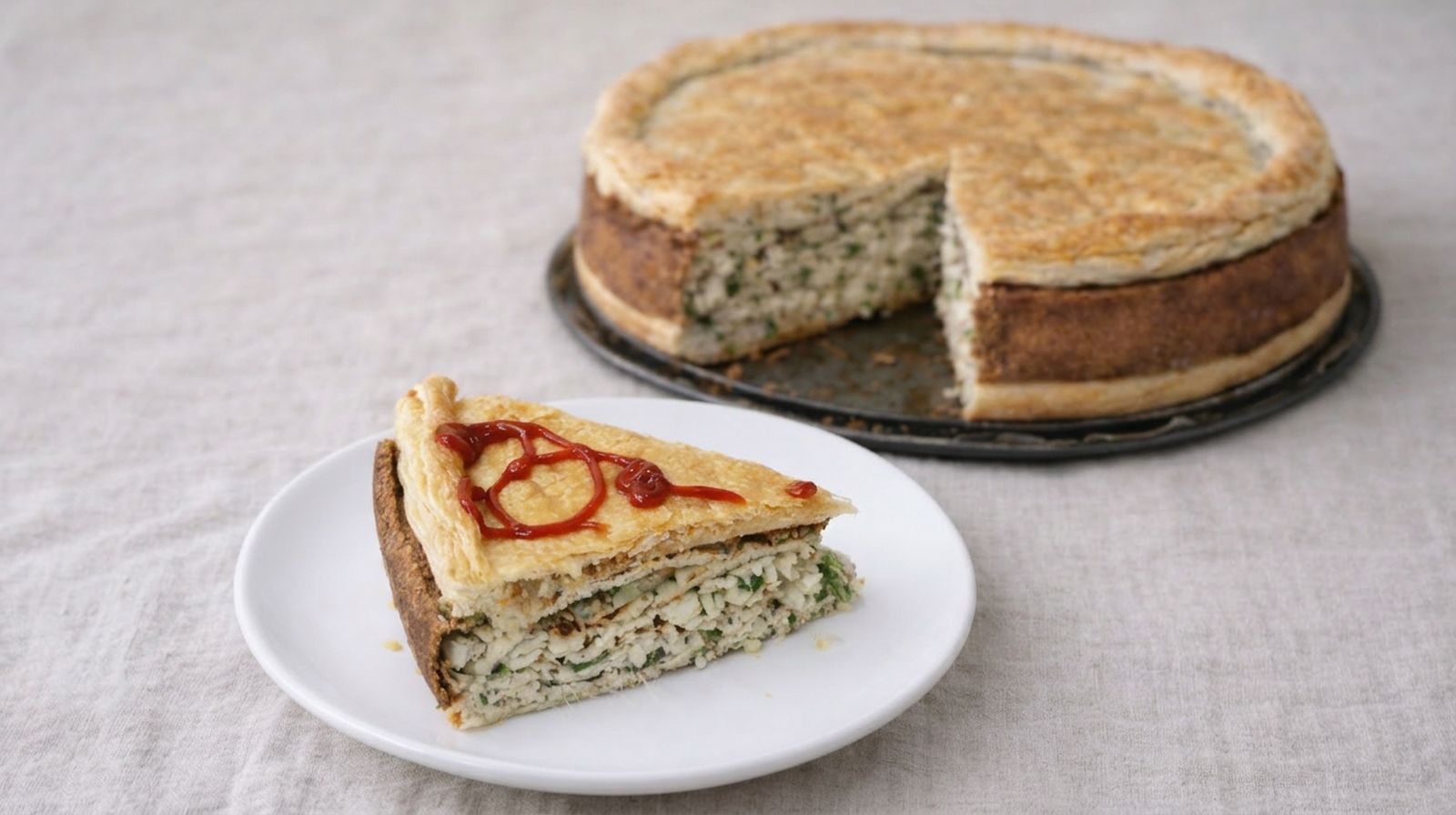 Kawałek dania à la rosyjski Kurnik na talerzu – warstwowa potrawa z kurczakiem, ryżem i pieczarkami przekładana naleśnikami. W tle całe danie.