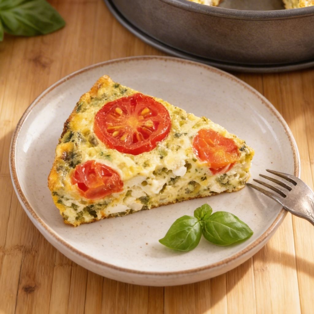 Frittata trzy sery z pesto i pomidorami, kawałek na talerzu, widok z boku