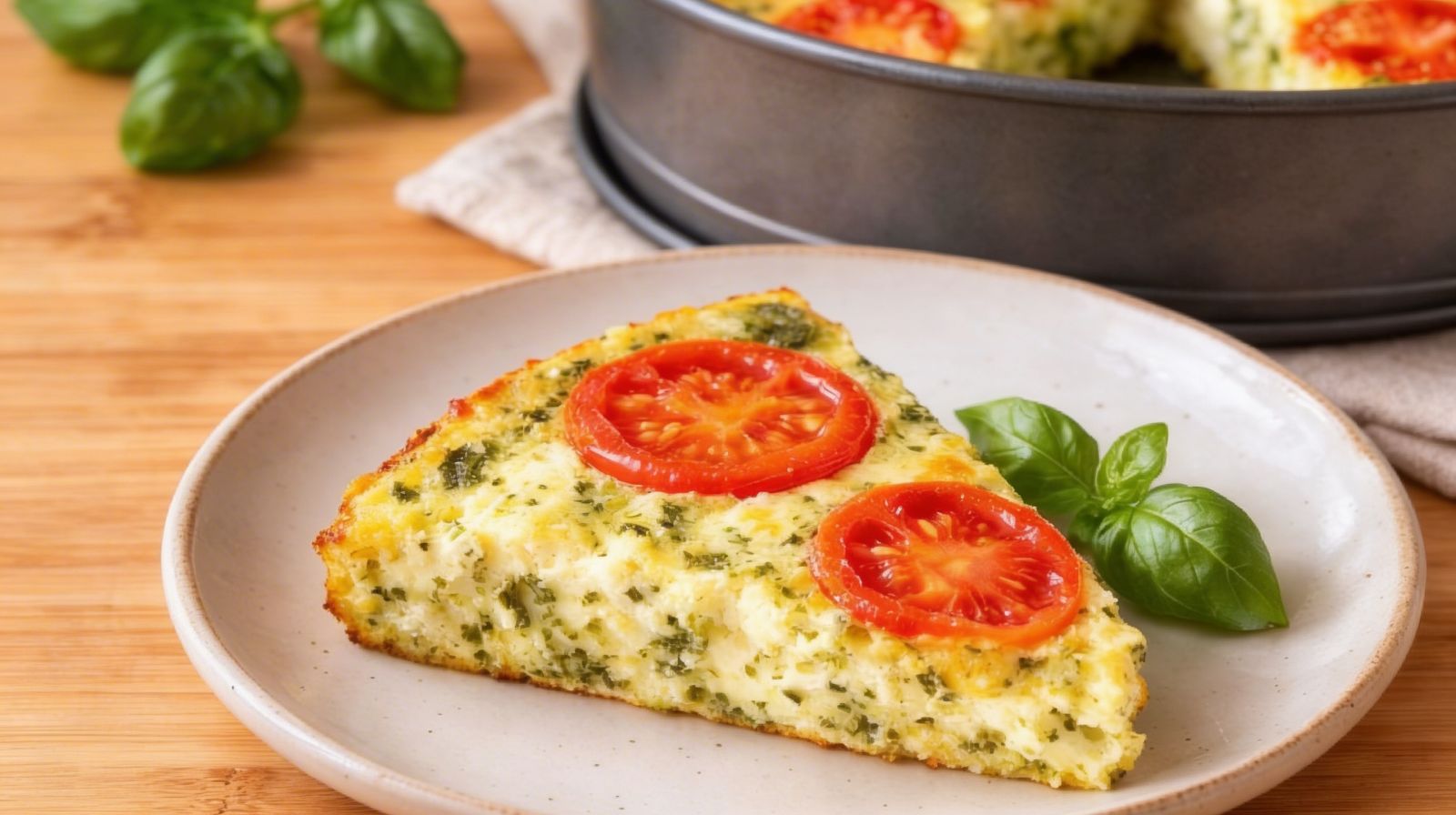 Frittata trzy sery z pesto i pomidorami pieczona w piekarniku; kawałek na talerzu.