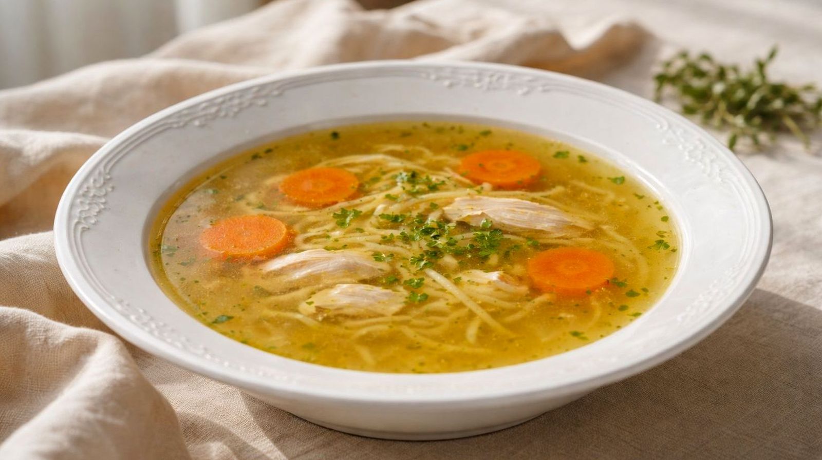 Talerz rosołu z makaronem, mięsem i warzywami, posypany świeżymi ziołami. Widok z góry na jasnym tle.