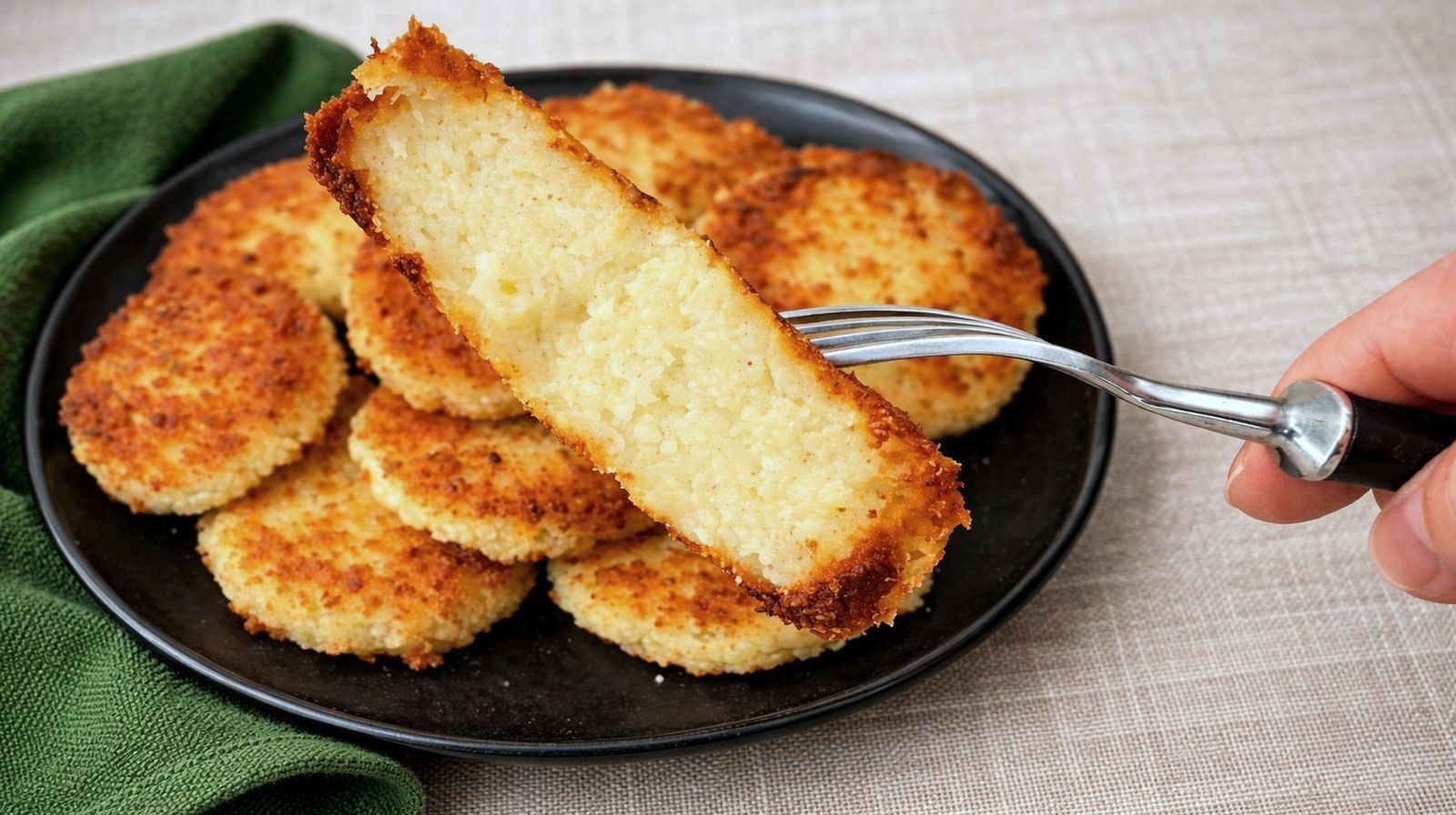 Kotlety ruskie z ziemniaków i twarogu, przekrojony kotlet na widelcu z chrupiącą panierką.